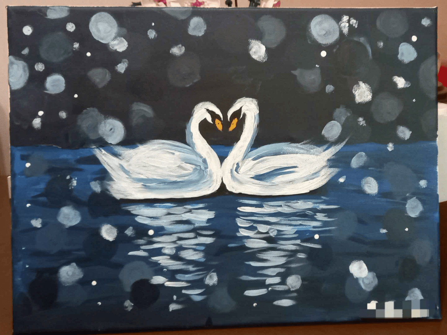 A painting of two swans facing each other, floating on dark water with their reflections laid out below them. There are loads of circles which I imagine to be I dunno... some kind of lens-flare deal or sparkles or dust motes. Look, I just painted what I was told to paint and I'm entirely sure what they are for but it looks ok.